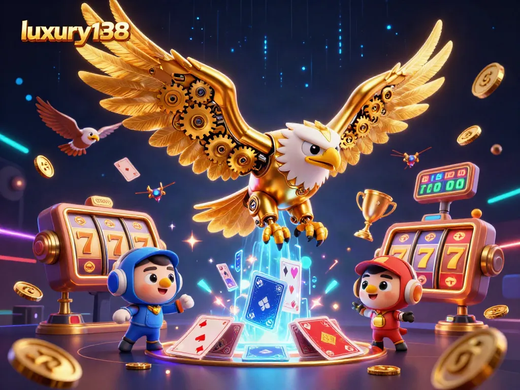 luxury138 showcases an exciting casino adventure with a golden eagle, dynamic slot elements, and jackpot excitement