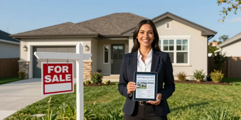 Best Edmonton realtor assisting clients outside a modern home for sale with lush green lawn.