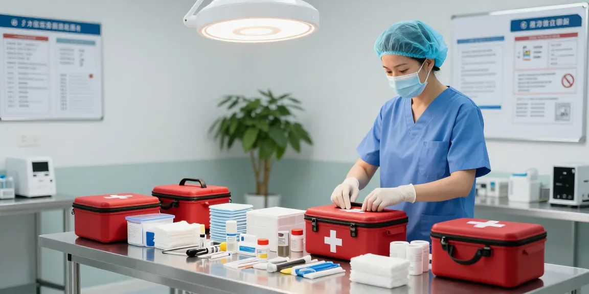 Medical kits arranged on a stainless steel table in a healthcare setting, showcasing essential emergency supplies.