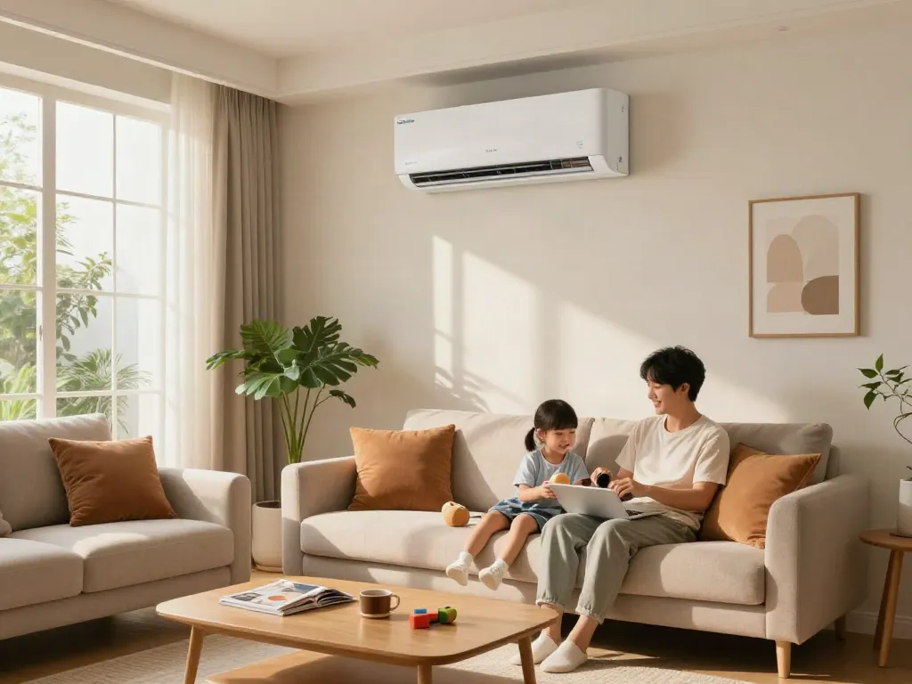 Ductless air conditioner in a modern living room ensuring cool comfort for a family during warm afternoons.