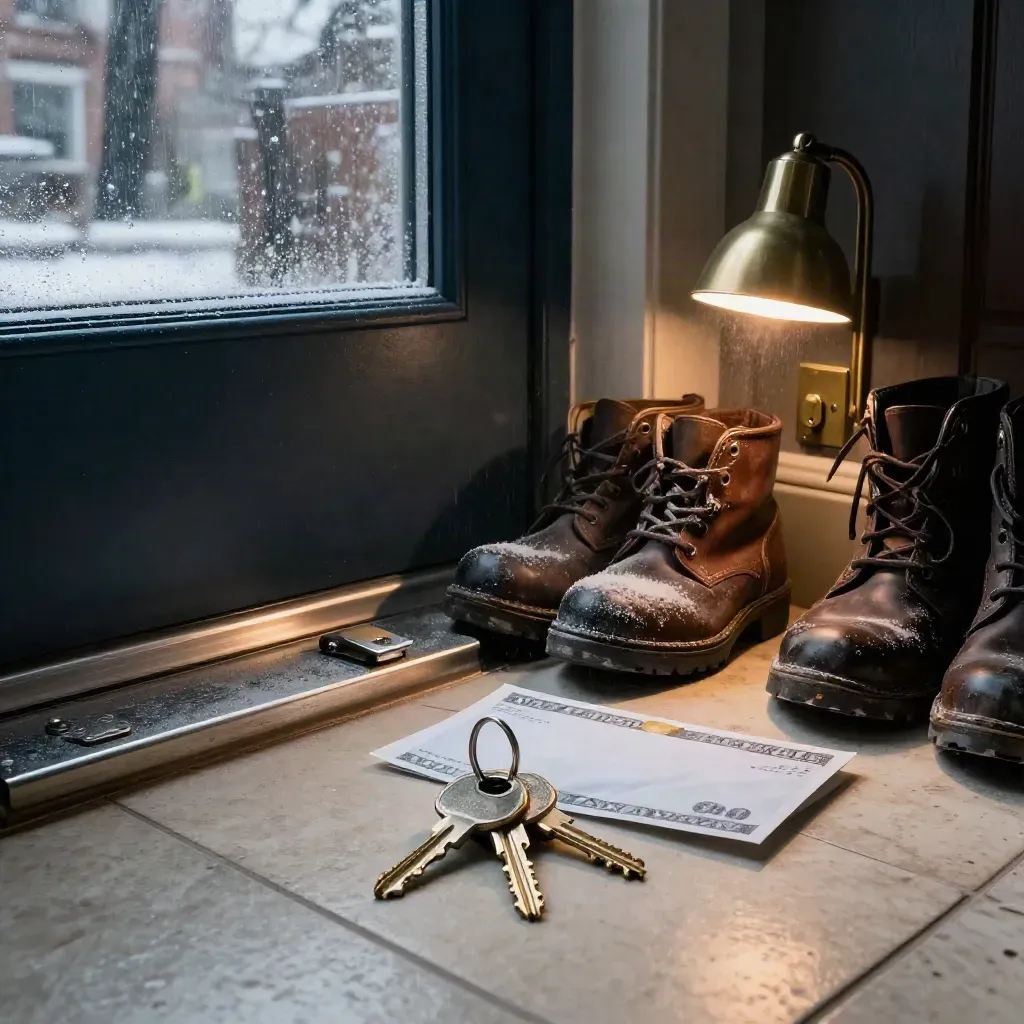 Toronto condo entry with keys, cash envelope, tool case and brass lamp by a repaired lockset.