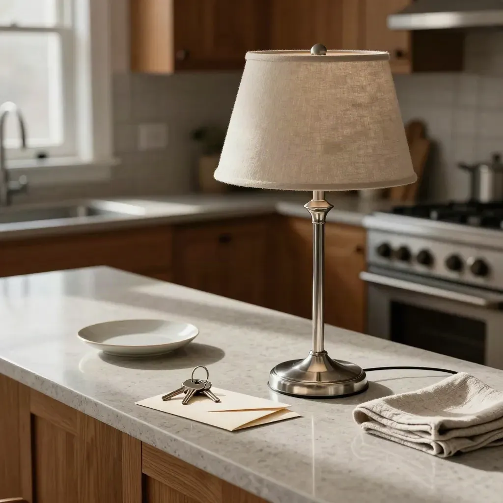 Brushed-pewter floor lamp, house keys and an unmarked envelope on a Toronto kitchen counter at dusk.