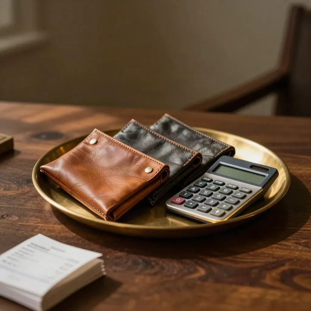 Three leather bill pouches in a brass tray beside a calculator on a dark oak desk.