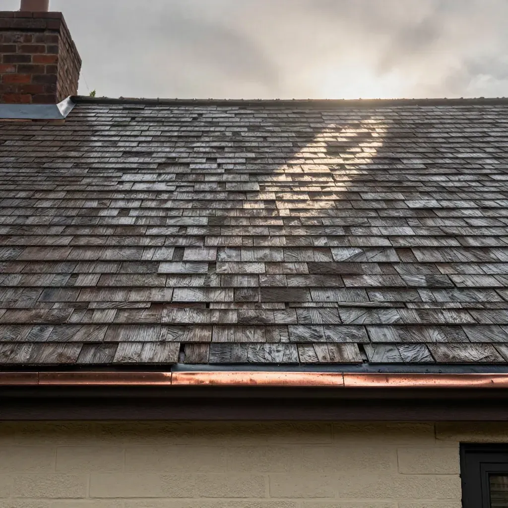 Dry cedar shingles and a clean ridge cap on a townhouse roof as storm clouds break.