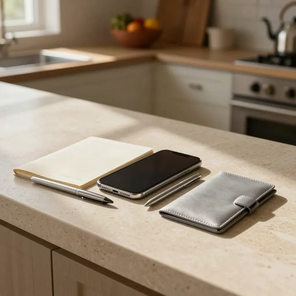 Smartphone, notepad, pen and ID sleeve on a stone counter in soft morning kitchen light