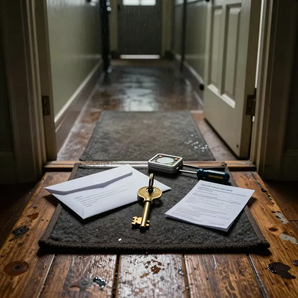 Open hallway with key, approval envelope, and toolkit beside a rain-lit doorway