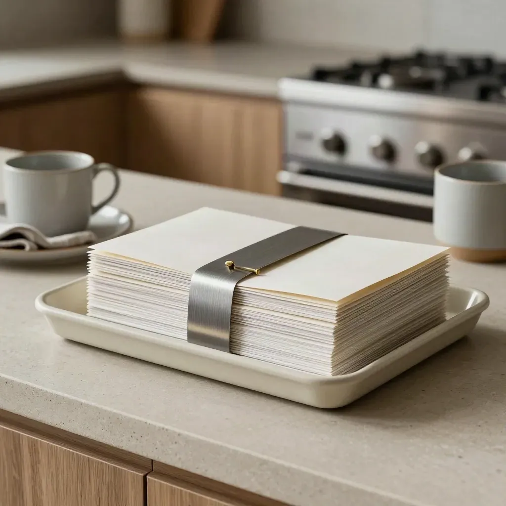 Tidy payment tray with three closed mail stacks and one brass clasp on a kitchen counter.