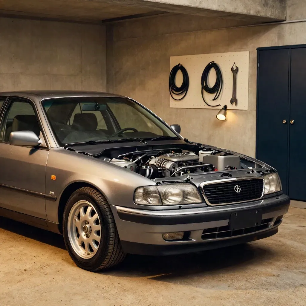 Finished sedan in a garage, hood shut, tools back on the wall, work light glowing on concrete.