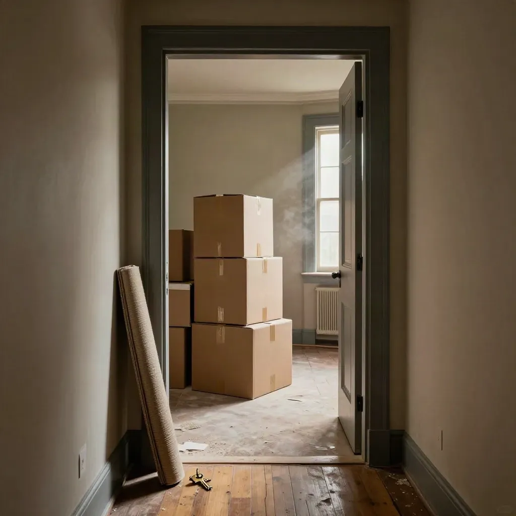 Empty apartment doorway with moving boxes, rolled rug, and keys on an entry shelf in moody daylight.