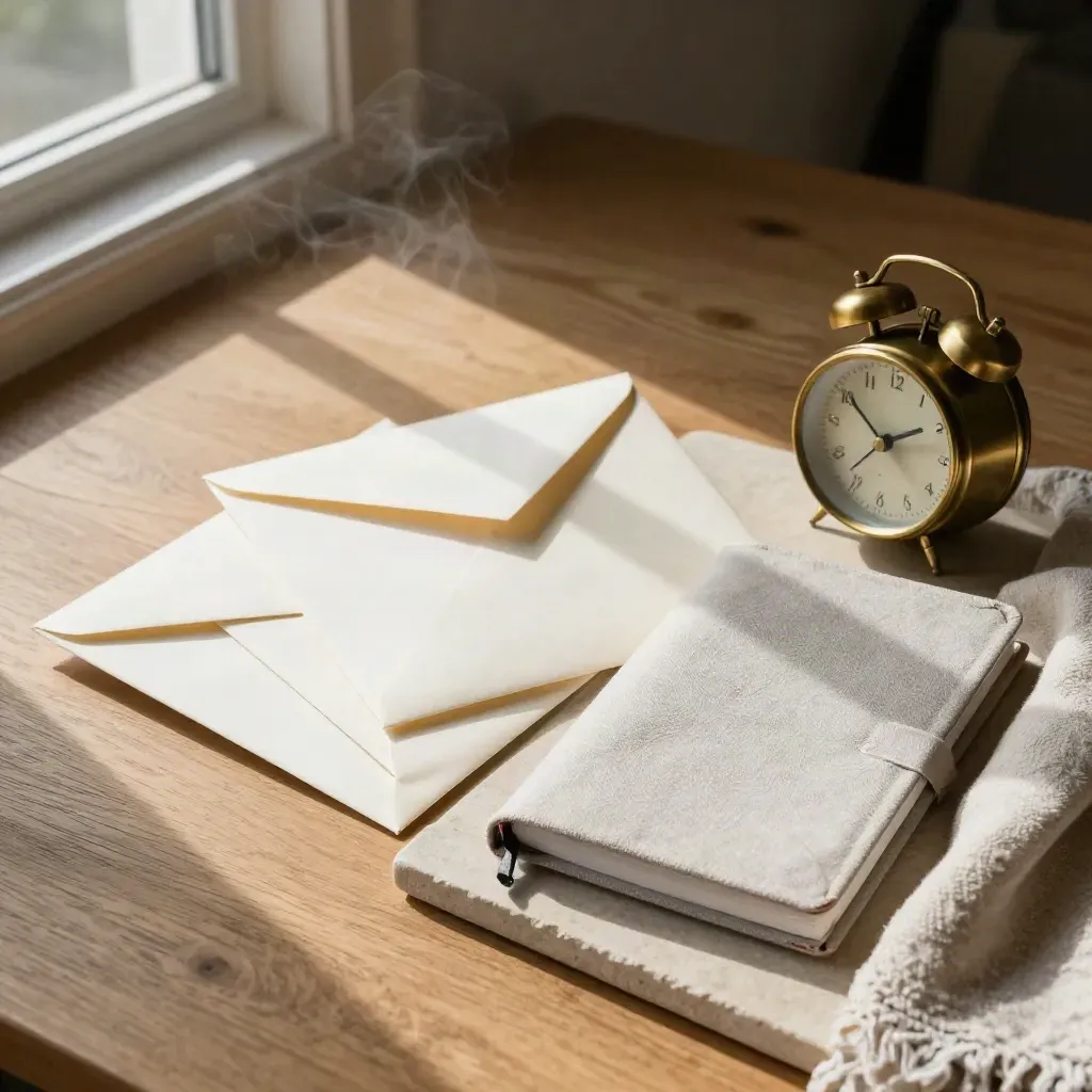 Top-down budget corner with ivory envelopes, a closed notebook, brass clock, and morning steam.