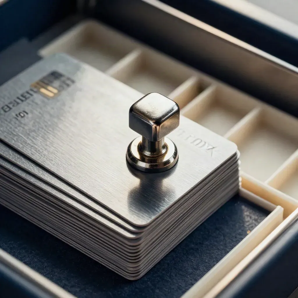 Macro still life of payment cards, audit stamp and index tray in a finance workspace.