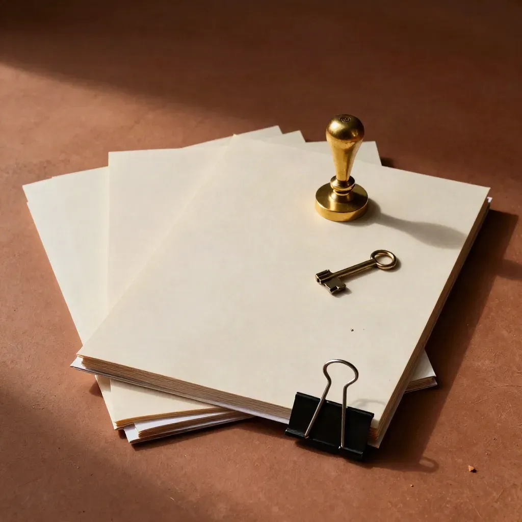 Overhead still life of underwriting tools: file sleeves, seal press, key, and binder clip.