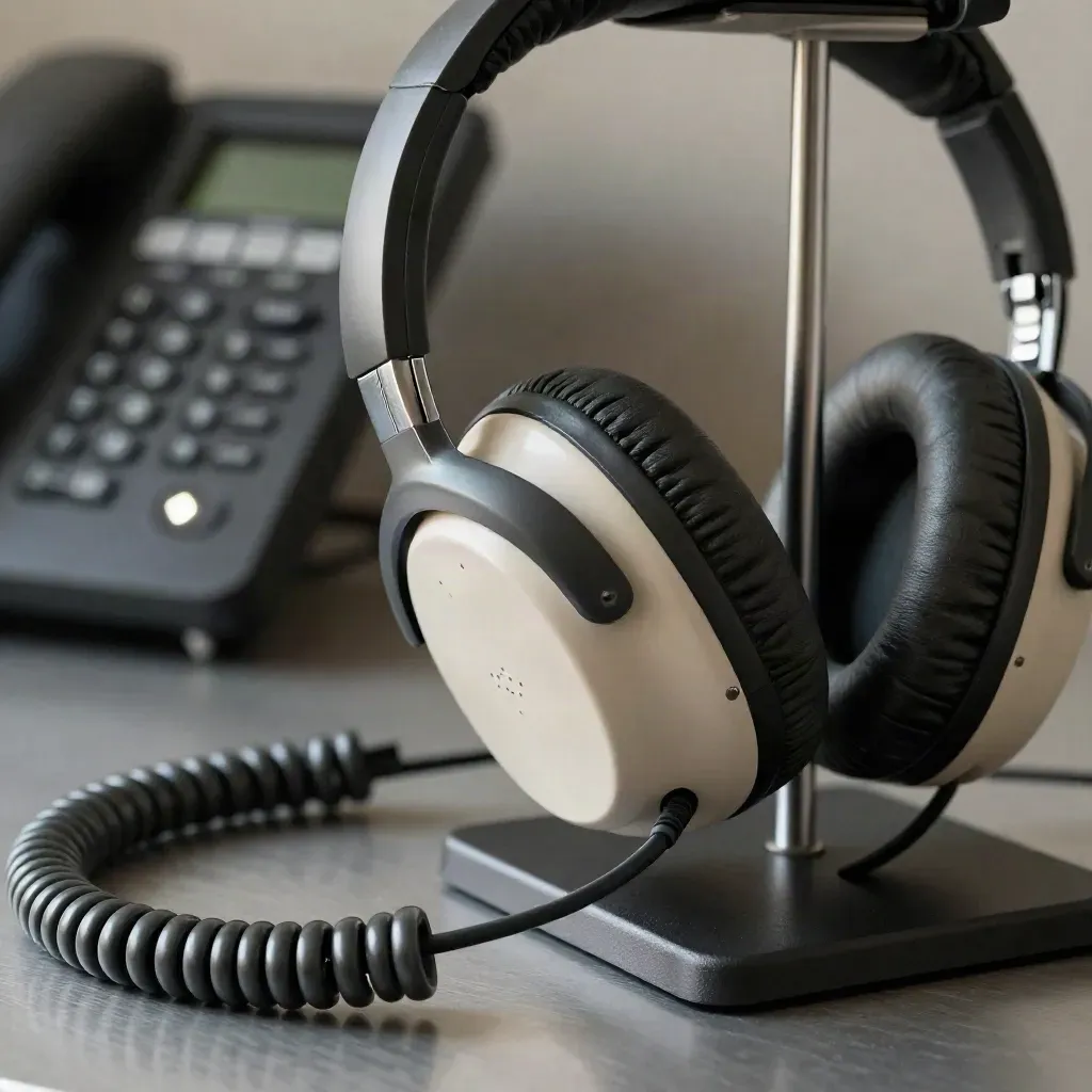 Premium headset, handset and lit status console in a quiet client-support workspace.