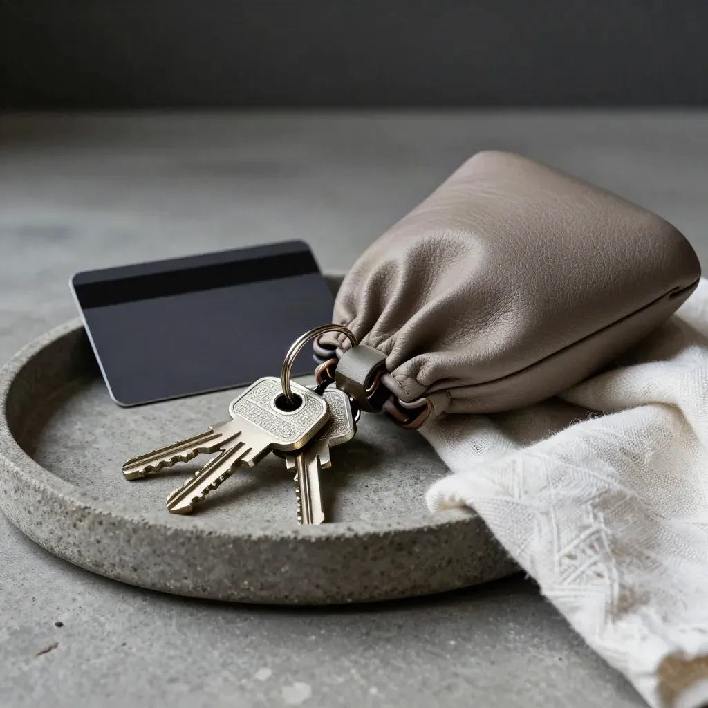 Key ring, dark bank card and cash pouch arranged in a stone tray with soft side light.
