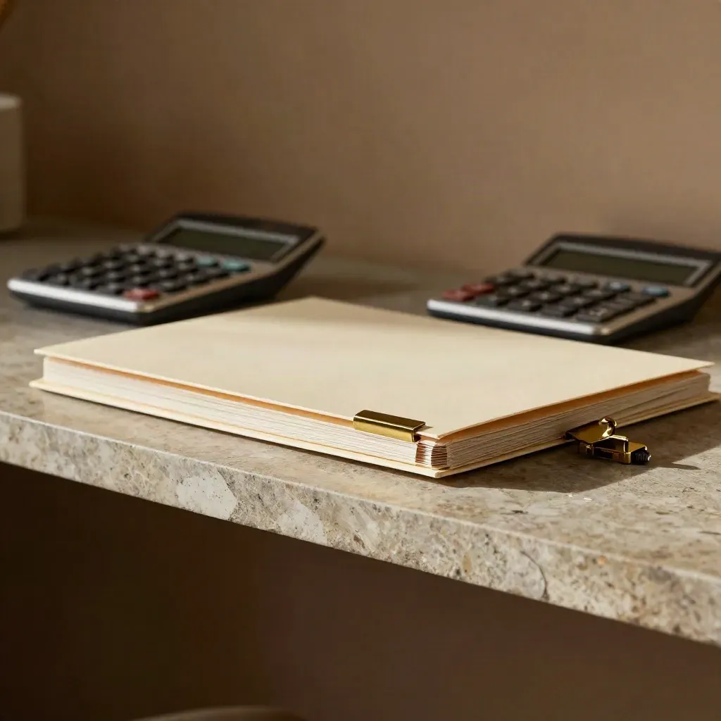 Stone shelf still life with a sliding file sleeve, calculator, and brass clip in warm side light.