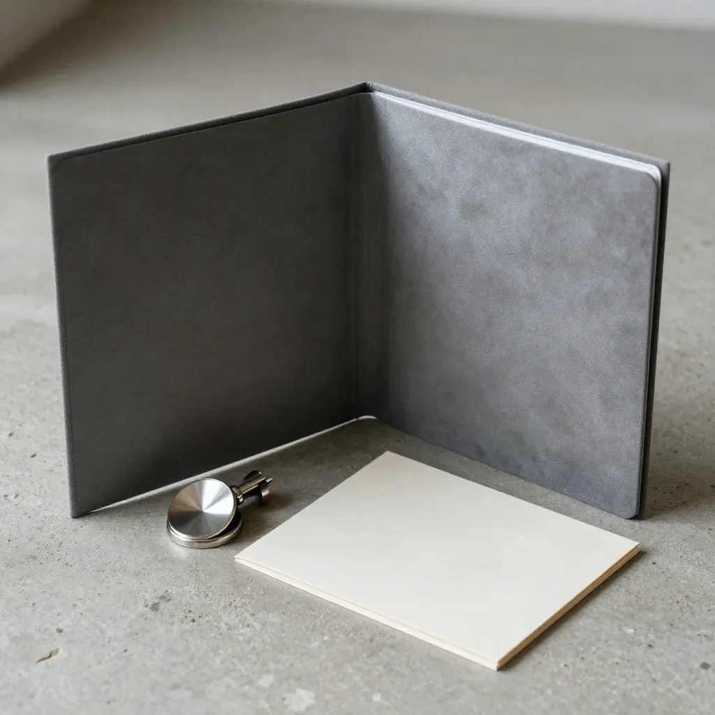 Opened loan offer folder, card sleeve and silver token on concrete in a refined review still life.