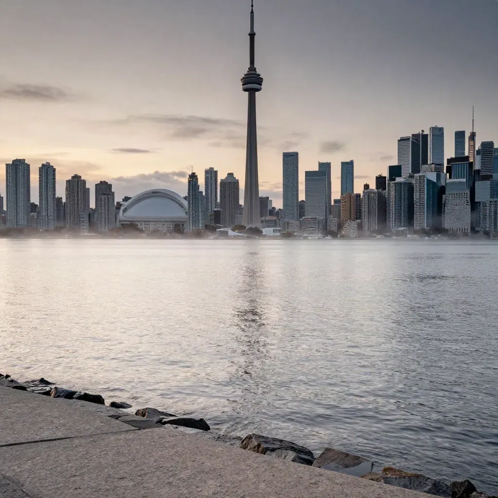 Toronto skyline and CN Tower above misty Lake Ontario at blue hour, calm water below