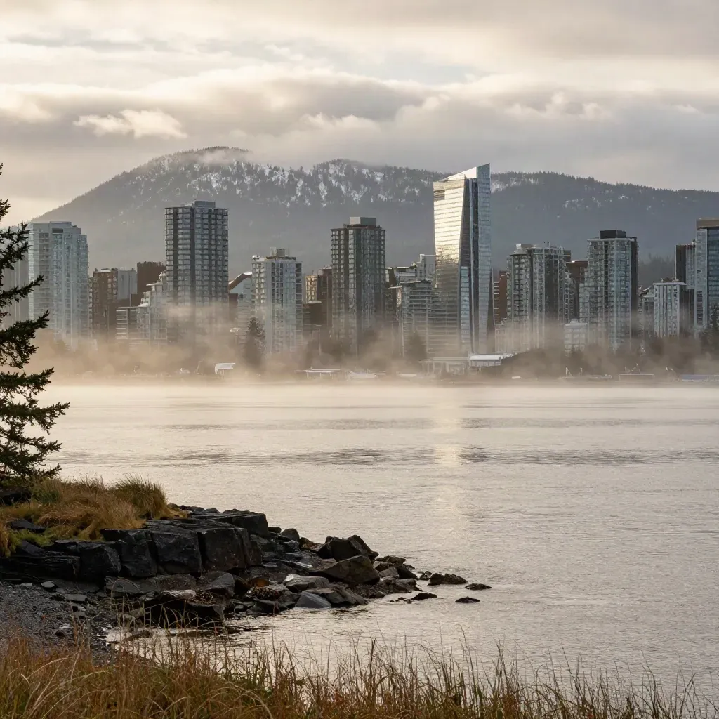 Mist lifting over Vancouver inlet, skyline high above calm water and low clouds at first light.