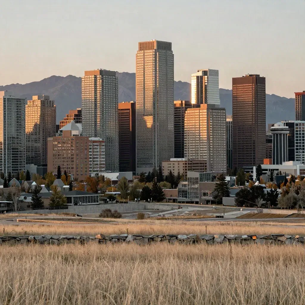 Calgary skyline glowing at sunset with hazy Rockies and soft prairie foreground.