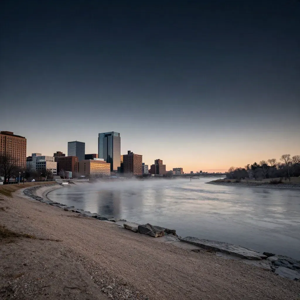 Winnipeg skyline over a misty riverbank at dusk with textured stone and calm sky.
