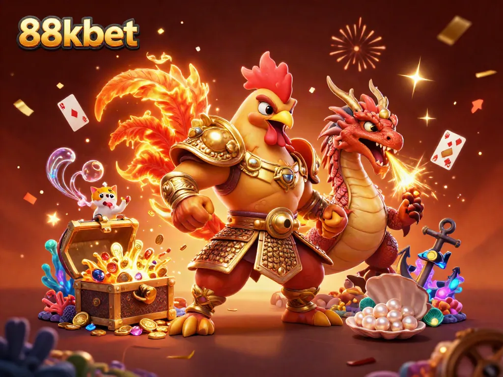 Experience the thrilling world of 88kbet with a warrior rooster and dragon amidst gold coins and casino treasures.