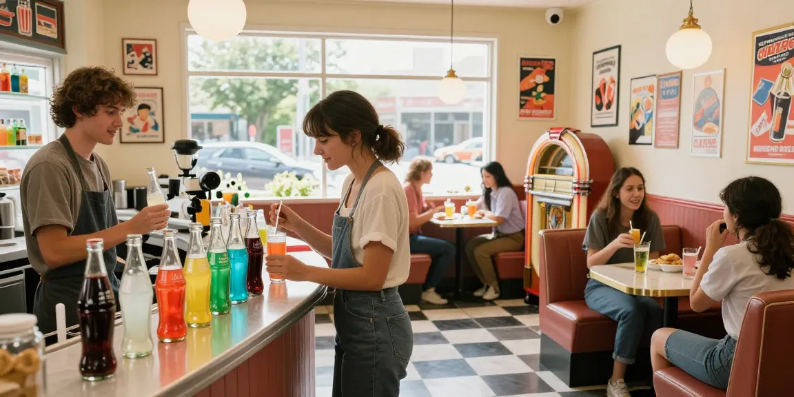 Enjoying vintage soda at a nostalgic soda shop with retro decor.