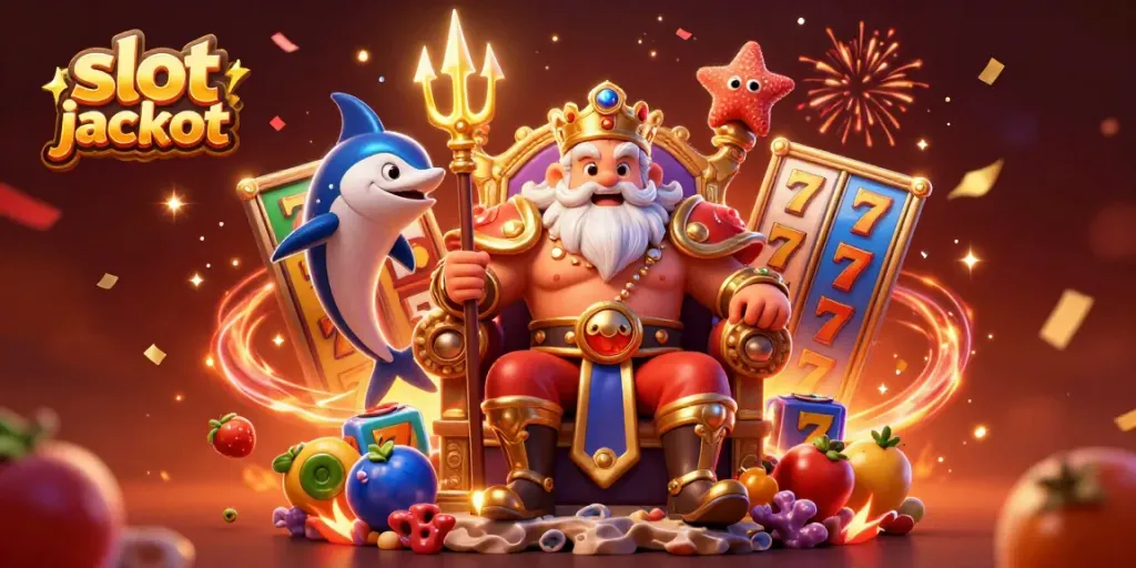 Experience the excitement of slot jackpot with Neptune and his companions in this vibrant 3D illustration.